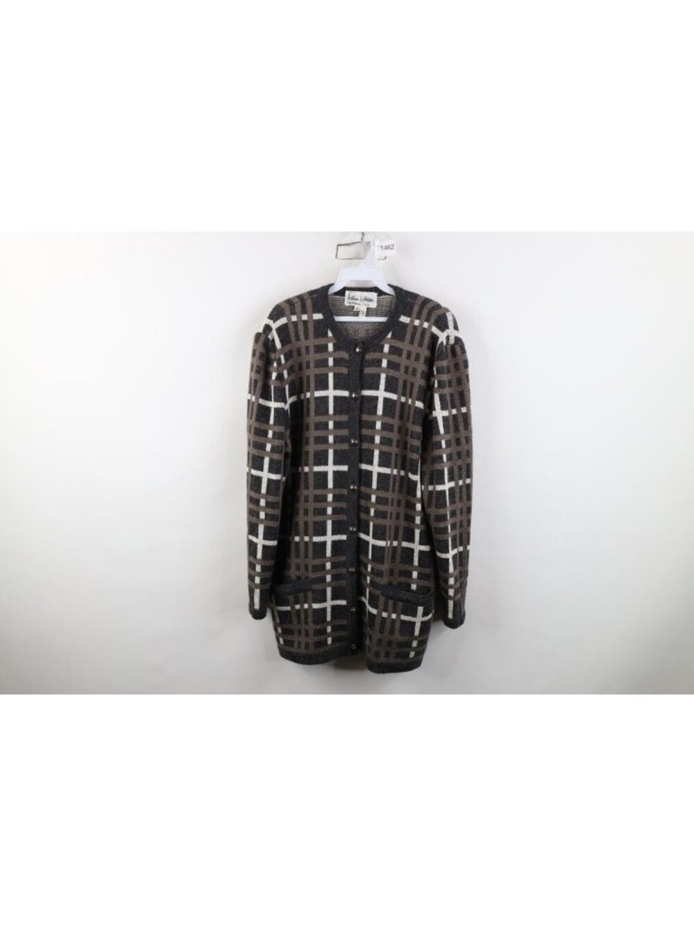 Vintage 90s Heavyweight Cardigan Sweater Womens Size 12 Checked Wool Blend Knit